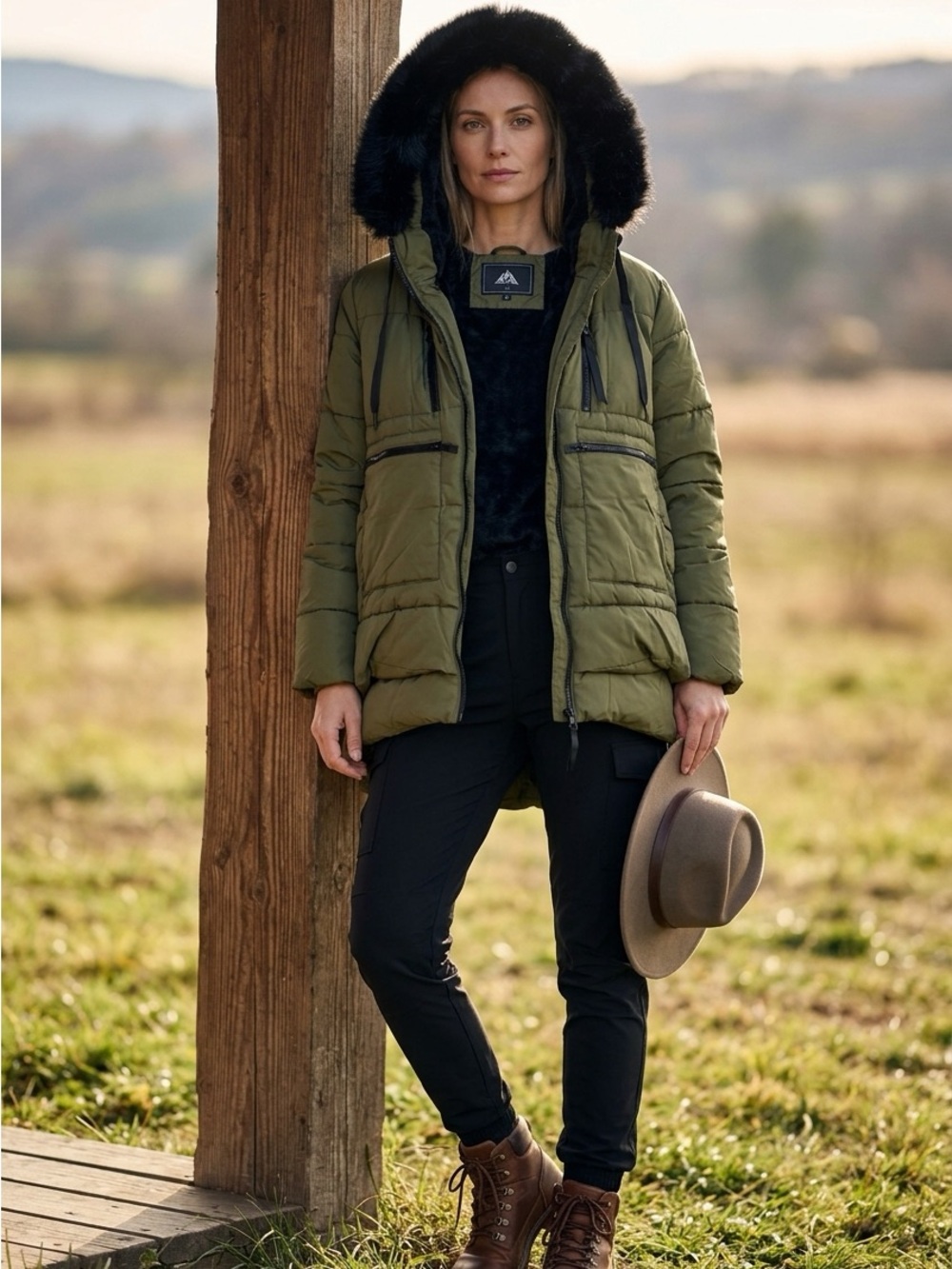 Olive Green Women's Puffer Jacket with Faux Fur Trim Hood